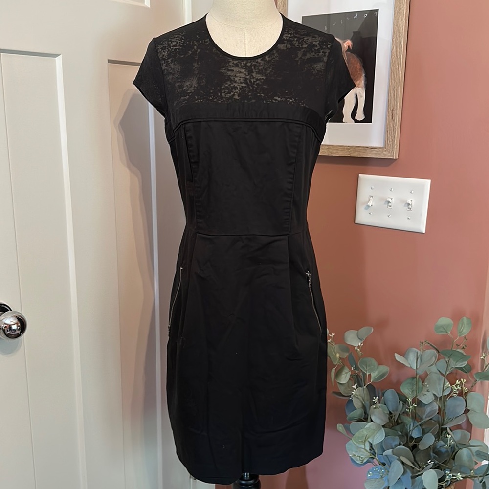 Armani Exchange black cotton blend zipper pockets mini capped sleeves 12 dress